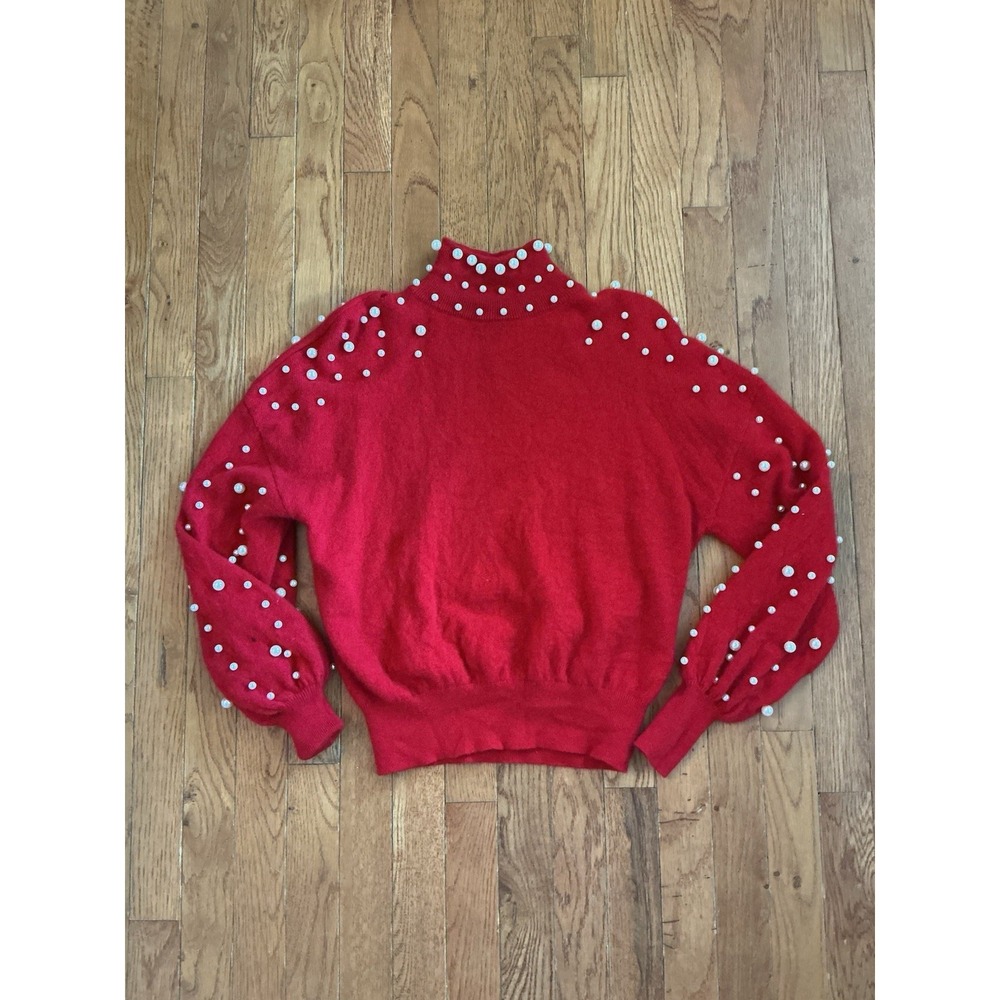 Charter Club Luxury Cashmere Sweater Size M Red Faux Pearl Holiday Party FLAWS